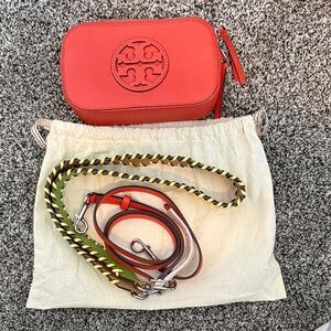 Tory Burch Miller Miller Poppy Red and Green Crossbody Bag w/ bag and both strap